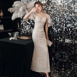 Party Dresses Lace O-Neck Ruched Short Sleeves Sequins Evening Beads Mermaid Ankle-length Plus Size Women Formal Dress C309