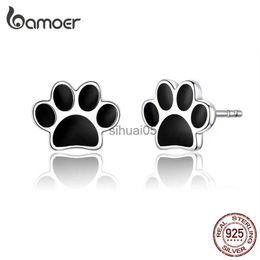 Stud bamoer Dog Paw Silver 925 Earrings for Girls Black Enamel Ear Studs Sterling Fashion Jewelry Oreilles 20023 SCE757 YQ231026