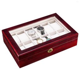 Jewellery Pouches 12 Slots Wooden Case Watch Display Glass Top Storage Organiser Gifts Bright Mahogany Red