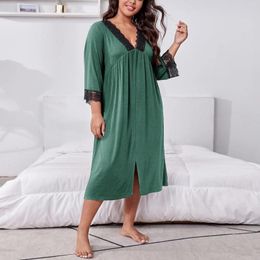 Women's Sleepwear Spring Women Nightgown V Neck Lace Long Sleeve Oversize Empire Waist Loose Dress Female Home Casual