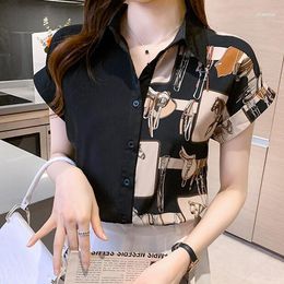 Women's Blouses Women's Summer Short Sleeve Women's Shirt Two-color Stitching Chiffon Personality Design Style Printed Blouse Lady