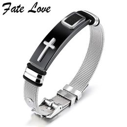 Fate Love Classic Cross Bracelet Men Jewelry Stainless Steel Mesh Length Adjustable Gold Color Fashion Mens Jewellery Bracelets293e