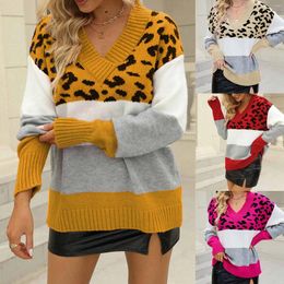 Women's Sweaters Women Colorblock V Neck Long Sleeve Pullover Leopard Knit Sweater