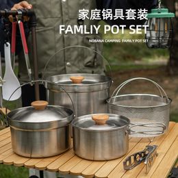 Camp Kitchen Outdoor Stainless Steel Pot Set Camping Family Pot Set 5L Portable Picnic Soup Pot Frying Steaming Household Pot 231025