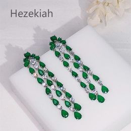 Hezekiah 925 Tremella needle noble Earrings fashion Shiny Long section Tassels Green zircon Eardrop Luxurious Dance party shi238z