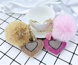 Pompom Keychain Rhinestone Heart Women Bags Key Ring Handmade Accrssories Keychains Pendants Charming Suspension Decoration DE930