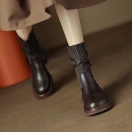 Juxian Slim~Round Head Socks and Boots Women's 2022 New Brown Thick Sole Thick Heel Short Boots 231026