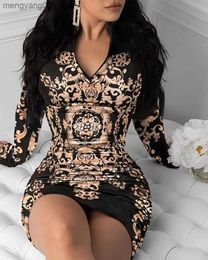 Basic Casual Dresses Elegant Women's Dresses 2023 Spring Autumn Fashion Graphic Print Zipper Detail Sexy V-Neck Long Sleeve Skinny Mini Party Dress T231026