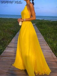 Basic Casual Dresses Elegant Backless Yellow Dress Women Chain Halter Neck Sleeveless High Waist Sexy Midi Dresses 2023 Summer Party Vestidos T231026