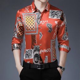 Men's Casual Shirts 2021 Male Mens Floral Printed Vintage Patterns Man Satin Dress Long Sleeve Silk Clothes Military Style Sh171h