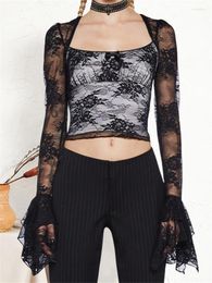 Women's Blouses Women Gothic Blouse See Through Lace Flare Long Sleeve Square Neck Slim Fit Crop Tops Fairy Sexy Dark Academia Shirts