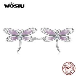 Stud WOSTU 925 Sterling Silver Fine Pink Dragonfly Earrings Insect Animal Ear Studs for Women Original High Quality Jewellery YQ231026