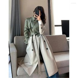 Women's Trench Coats Autumn Windproof Jacket High-quality Green Patchwork Windbreaker Clothing Leather Stitching Long Cape