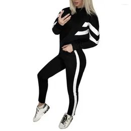 Women's Two Piece Pants 1 Set Trendy Women Sweatshirt Sweatpants Stripe Keep Warm Super Soft Drawstring Hood