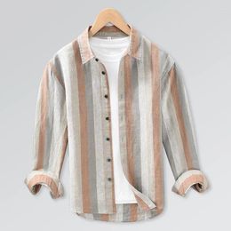 Men's Casual Shirts Mens Linen Shirt Long Sleeve Vertical Striped Print Baggy Turn Down Collar Button Up Harajuku Tops Male Clothes