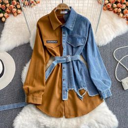 Women's Blouses Women Shirt Denim Splice Full Sleeve Single Breasted T Shirts Turn Down Collar Irregular Midi Belt Ladies Autumn