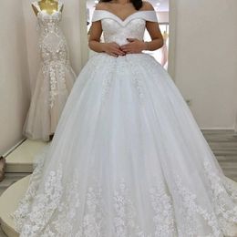 New Off Shoulder Ball Dresses Shiny Gown Bridal Gowns Luxurious Lace Crystals Wedding Dress Appliqued Sequins Garden Plus Size Long Train Robe De Mariee 403