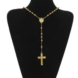 Men's Catholic Religious Jewelry Hip Hop Style Gold Color Stainless Steel Bead Necklace Jesus Cross Rosary Necklace Chain259S