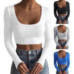 Women's Blouses Classic U-neck Long Sleeve Top For Women Autumn Clothing Ladies' Slim T-shirt Soft Elastic Cotton