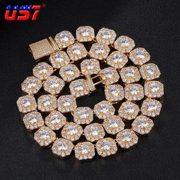 Chokers US7 11MM Clustered Diamond Tennis Chain In White Gold CZ Stone Cubic Zircon Box Clasp Necklaces For Men Jewelry235z