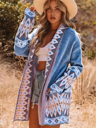 Women's Knits Tees Plus Size Winter Boho Cardigan Geometric Print Long Sleeve Open Front High Stretch With Pockets Lapel Jacket 231025