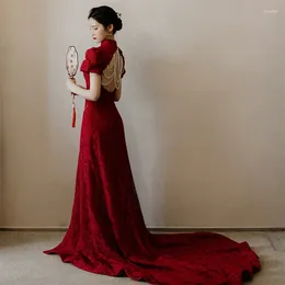 Ethnic Clothing Chinese Style Burgundy Cheongsam Evening Party Dress Long V-neck Bride Wedding Sexy Perspective Backless Banquet