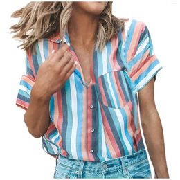 Women's Blouses Fashion Woman Blouse 2023 Striped Print Beach Basic Tee Tops Light Pocket Button Cardigans Lapel Short-Sleeved Shirts Blusa