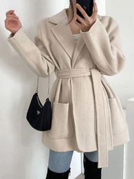 Women's Suits UNXX Winter Female Woolen Coat French Retro Temperament Blazer Collar One Buckle Tie Waist Slit Long-Sleeved Warm Blazers