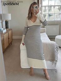 Basic Casual Dresses Women Rib Knitted Stripped V-neck Maxi Dress Long Trumpet Sleeve Slim Fit Midi Vestidos Female Autumn Fashion Office Streetwear T231026