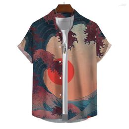 Men's Casual Shirts Men's Hawaiian Men's Summer Wave Printing Oversized Male Button Clothing 3d Lapel Short Sleeve Top Beach