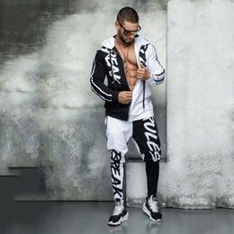 Mens Tracksuit Spring Fashion Casual Men Fitness Sets Letter Patchwork Hooded Running Sweatshirt Sweatpants Sports Suit Streetwear2424