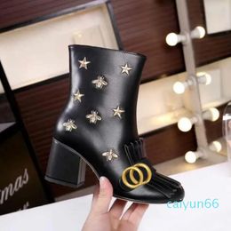 High heeled boots designer Soft cowhide Autumn winter Coarse heel women shoes real leather zipper Fashion letter Metal buckle lady Heels Large