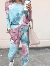 Women's Two Piece Pants Autumn Winter Women Tie Dye Printed T Shirt Long Sleeve Suit Simple Lace Up Pocket Casual Sweatshirt Female 2piece