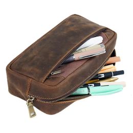 Pencil Bags Large Capacity Genuine Leather Case Handmade Nature Cowhide Pencilcase Zipper Stationery Holder School Office Supplies 231025