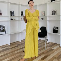 Women's Two Piece Pants Women Sets Yellow Shirt And Spring Fall Long Sleeve V-neck Loose Tops Blouse Wide Leg Pleated Outfits 9740