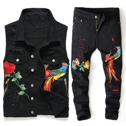 New Men Black Sets Fashion Spring Embroidered Phoenix Flower Hole Distressed Suit Denim Vests Pants Mens Clothing 2 Pieces Sets L223G