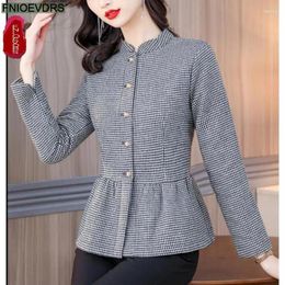 Women's Blouses S-2XL 2023 Women Autumn Casual Slim Tunic Peplum Tops And Outer Wear Elegant Office Lady Work Button Plaid Shirts