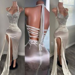 Sexy Ivory Satin Mermaid Slit Halter Neck Prom Dresses 2024 For Black Girls Formal Pageant Birthday Gala Outfit Gowns