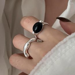 Cluster Rings Punk Black Oval Zircon Open Ring For Women Men Minimalist Heart Irregular Liquid Metal Finger Y2K Accessories Fashion Jewelry