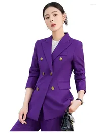 Women's Two Piece Pants Womens 2 Pant Suit Set For Work Professional Solid Colour Double-Breasted Blazer Jacket And Wide Leg Trouser Spring