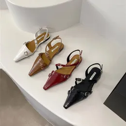 Women Toe Sandals Flat Pointed Heeled Belt Buckle Elastic Back Strap Black Brown Red White 2023 Arrivals Fashion 5