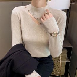Women's Sweaters Fashion Hollow White Sweater Women Korean Solid Knitted Tops Autumn Winter Half High Collar Pullovers Casual Slim Clothes