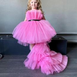 Elegant Pink Flower Girls Dresses Scoop Tulle Sleeveless with Sash Asymmetrical Pleated Wedding Party Gowns