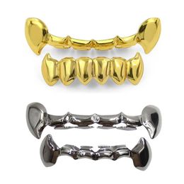 18K Gold Punk Hip Hop Vampire Teeth Fang Grillz Dental Grills Teeth Brace Up Bottom Tooth Cap Rapper Jewellery for Cosplay Party Who2568