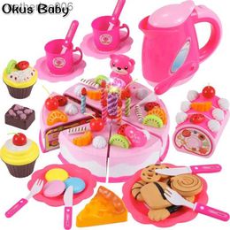 Kitchens Play Food Newest DIY Pretend Play Fruit Cutting Birthday Cake Kitchen Food Toys Pink Blue Girls Gift for ChildrenL231026