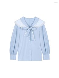 Women's Blouses Women's Lace Patchwork Design Women Baggy Shirt French Style Retro Ruffled Collar Female Tie Up Bow Lantern Sleeve