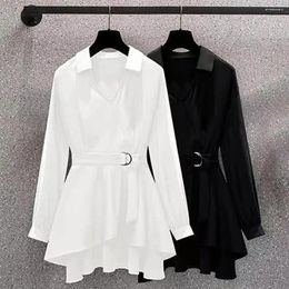 Women's Blouses Pullover Shirt High-Waist Tunic Irregular Hem Office Lady Waist Tight Adjustable Belt Blouse Solid Colour
