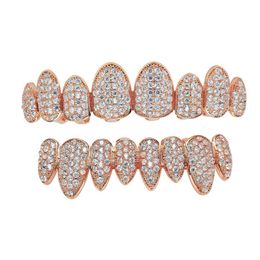 HipHop Rock Gold Rosegold White Zircon Teeth Grillz New Arrive Copper Upper Bottom Braces Grillz For Male Female244A