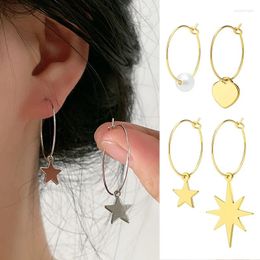 Hoop Earrings Trendy Concise Style Imitation Peal Star Heart Stainless Steel Earring For Women Gold Colour Fashion Jewellery Gift