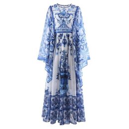 Casual Dresses Qian Han Zi Designer Fashion Runway Summer Long Dress For Women Bat Sleeve Blue And White Porcelain Printing Vacati207N